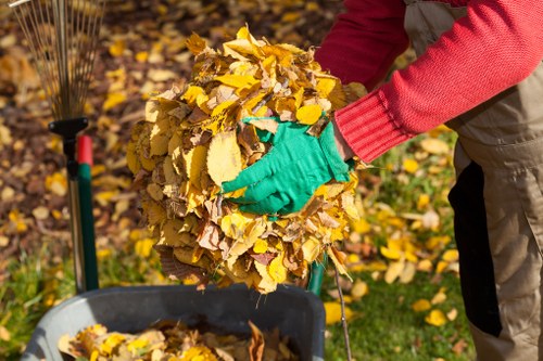 A person wearing a red long-sleeved top and green gardening gloves is holding a large bundle of yellow and brown autumn leaves, preparing to place them into a black collection bin on a paved garden path. Nearby, a garden rake with a red handle is leaning against a small shrub, and fallen leaves are scattered on the ground and within the bin. The scene suggests a typical autumn outdoor cleanup, with the background showing a grassy area and foliage shedding leaves, indicative of a residential garden or park setting. The environment appears well-lit with natural daylight, emphasizing the vibrant colours of the leaves and the neat organization of the yard waste. This image relates to waste management services, such as those offered by Commercial Waste Removal Croydon, focusing on garden and leaf waste disposal services in the Croydon area.